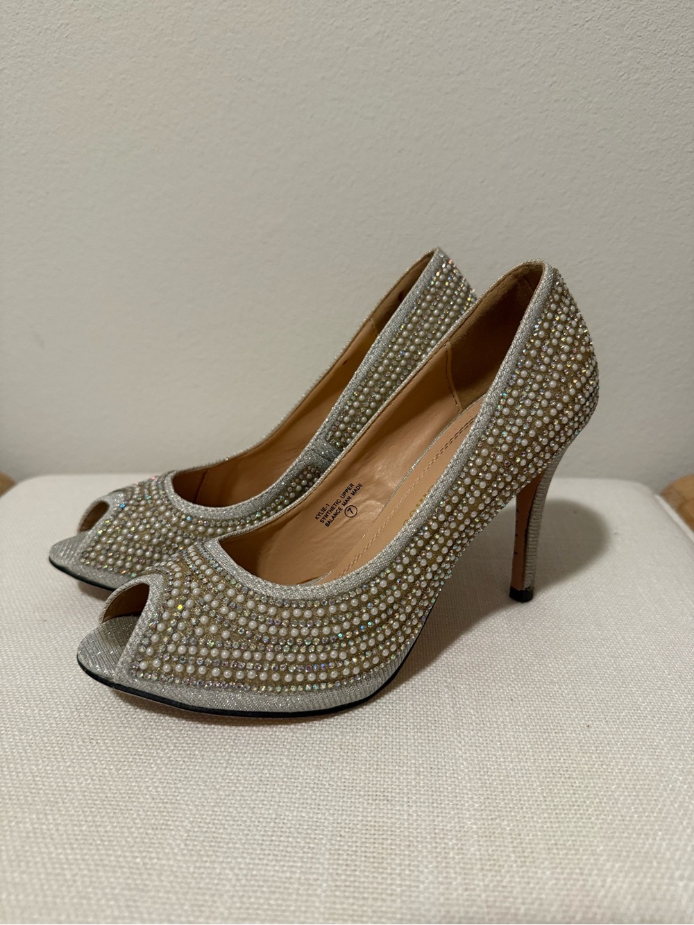 Rhinestone and Silver Peep-Toe Pumps